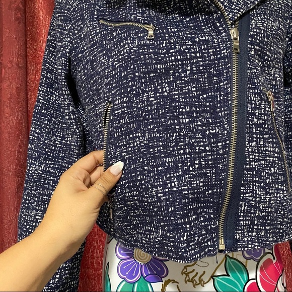 Gap Tweed Moto Navy Blue White Print Zipper Jacket - Picture 5 of 6